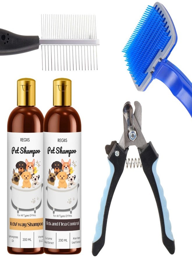 REGIIS Pet Grooming Kit, Dog Shampoo Set with Itch Away and Flea Control Formula, Self-Cleaning Slicker Brush, Nail Clipper, Metal Comb, 5-Piece Dog Care Set - Image 1